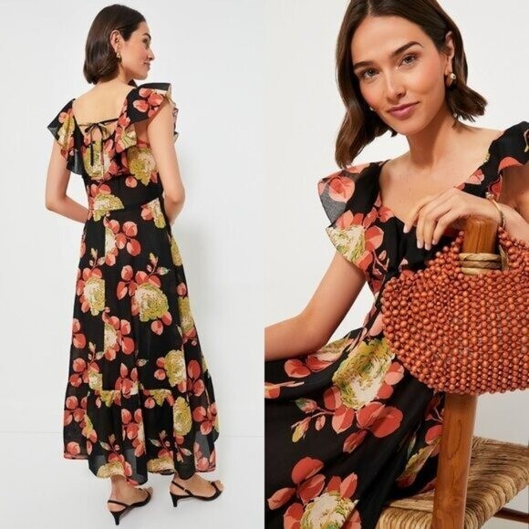 The Great NEW Cabbage Rose Print The Geranium Dress Black Floral Maxi Dress S