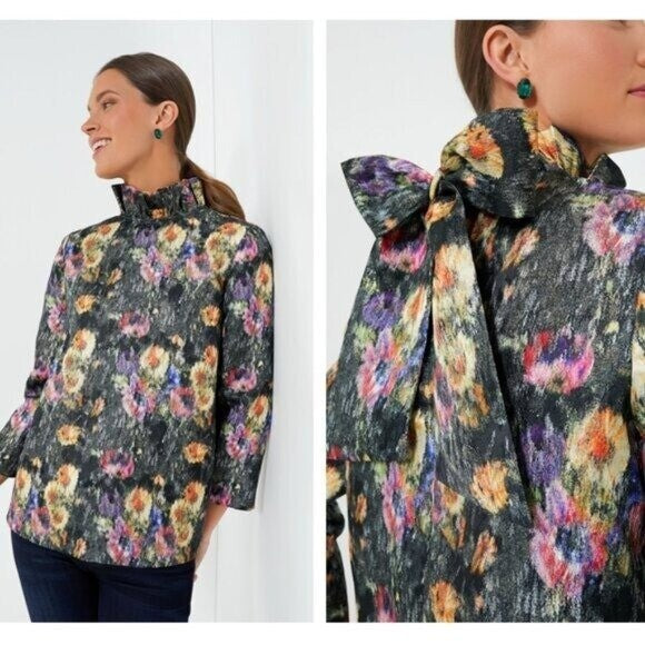 Tuckernuck NEW Midnight Primrose Jacquard Preppy Floral Bow Blouse Size M