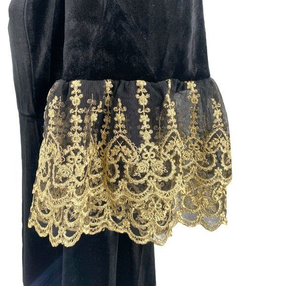 NEW Pomander Place Black Velvet Lillith Gold Embroidered Lace Maxi Dress Size S