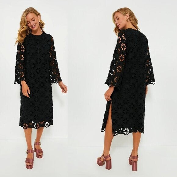 Tuckernuck NEW Noir Eyelet Hutton Long Sleeve Cotton Formal Midi Dress Size XS