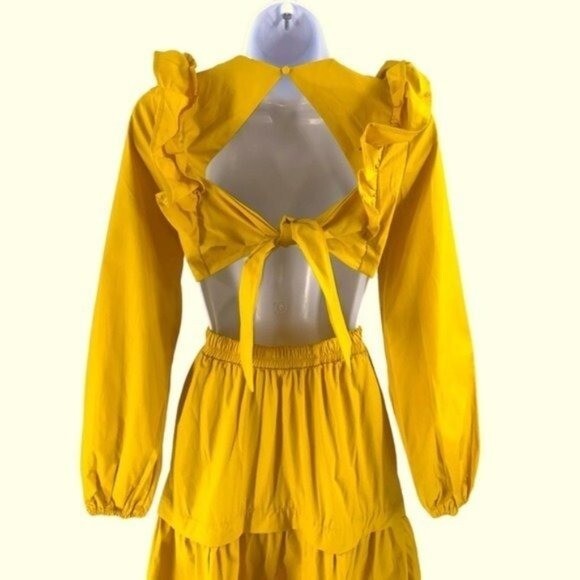 NEW Petal & Pup Mariga Long Sleeve Frill Shoulder Midi Dress in Marigold Size S