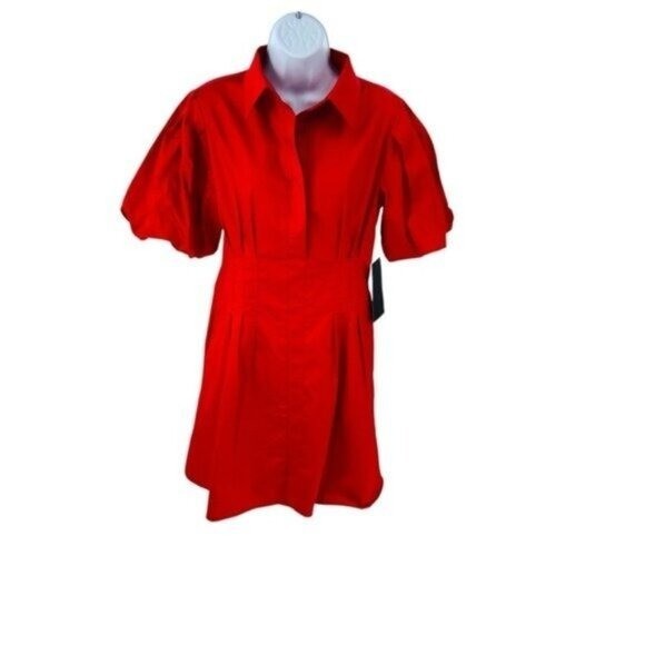 Tuckernuck NEW Red Mini Delaney Puff Sleeve Collared Classic Mini Dress Size L