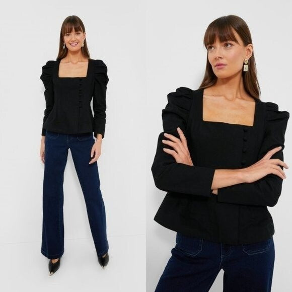 Tuckernuck NEW Black Calla Structured Puff Sleeve Button Blouse Size Small