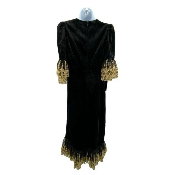 NEW Pomander Place Black Velvet Lillith Gold Embroidered Lace Maxi Dress Size S