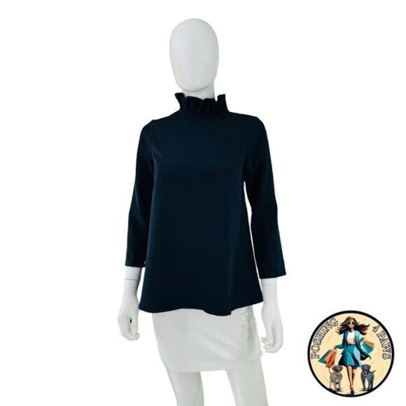 Tuckernuck NEW Navy Faye Preppy Bow Ruffle Collar 3/4 Sleeve Blouse Size XXS
