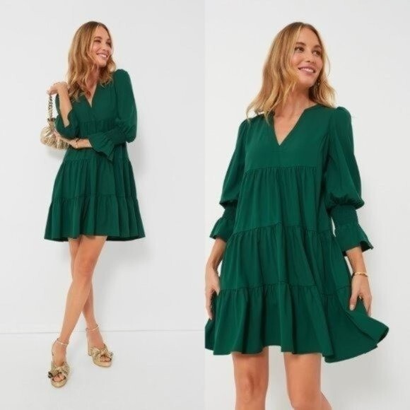Pomander Place NEW Hunter Green Crepe Kenzo Long Sleeve Party Mini Dress Size S