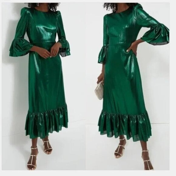 Pomander Place | NEW Emerald Crinkle Lurex Lillith Maxi Dress Size XL
