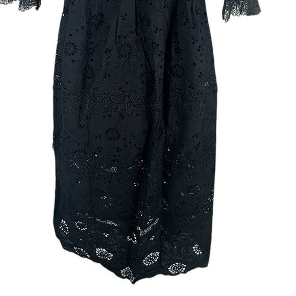 O.P.T. NEW Black Wednesday Cotton Eyelet Puff Sleeve Midi Dress Size XS