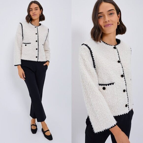 Hyacinth House NEW Cream Textured Scalloped Edge Jacket Teddy Coat Size Large