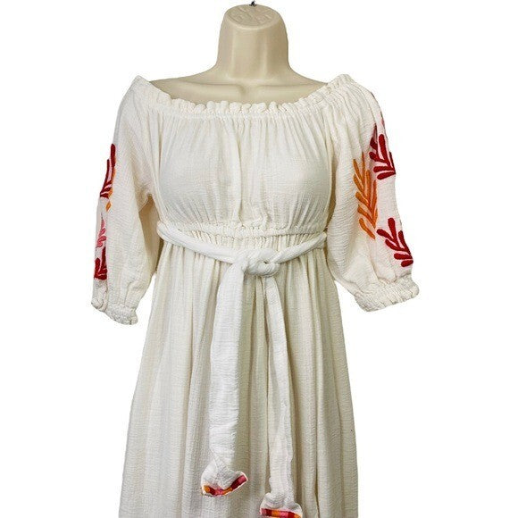 Sundress | Poly Dress in Tulum White & Mix Red Embroideries Size M/L