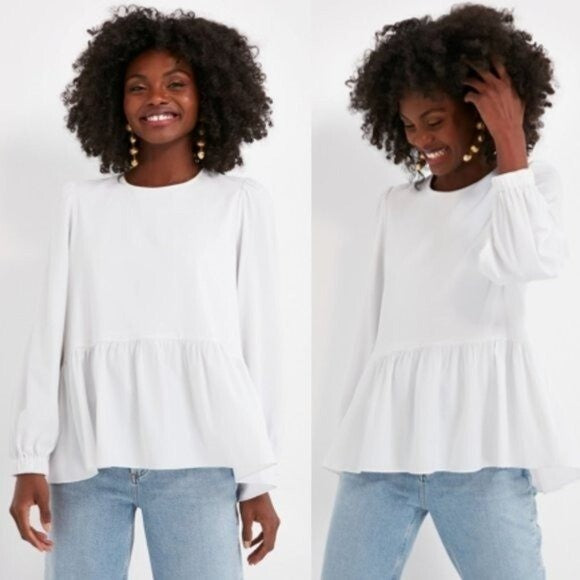 Pomander Place | NEW White Carlota Long Blouson Sleeve Peplum Blouse Size S