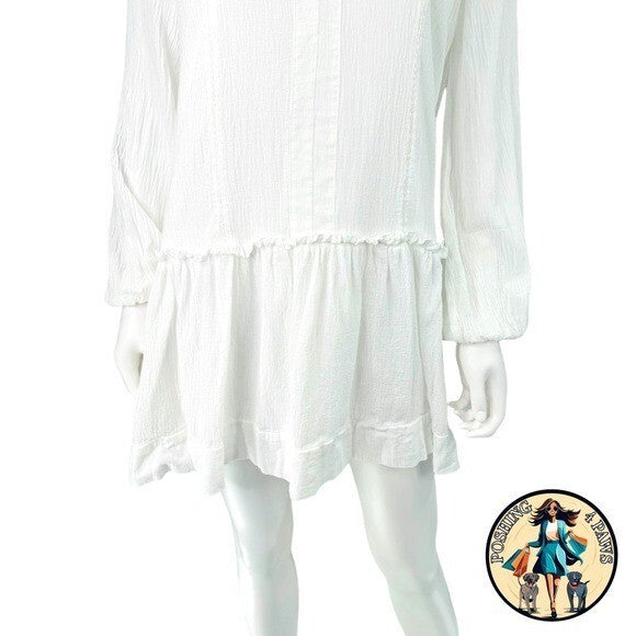 Pomander Place NEW White Gauze Beaded Long Puff Sleeve V-Neck Mini Dress Size S