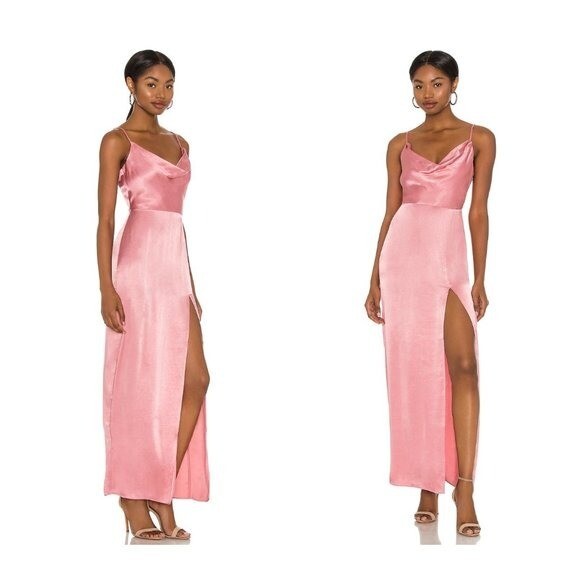 REVOLVE NBD Lila Satin Cowl Neck Formal Long Dress Gown in Mauve Pink Size S NEW