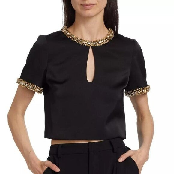 SELF-PORTRAIT NEW Embellished Black Gold Satin Short Sleeve Blouse Size 4