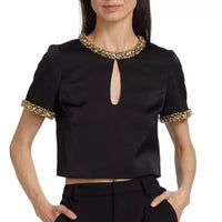SELF-PORTRAIT NEW Embellished Black Gold Satin Short Sleeve Blouse Size 4