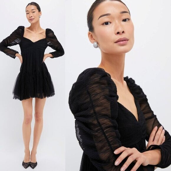 Moon River NEW Black Tulle Long Sleeve Sweetheart Party Mini Dress Size Small