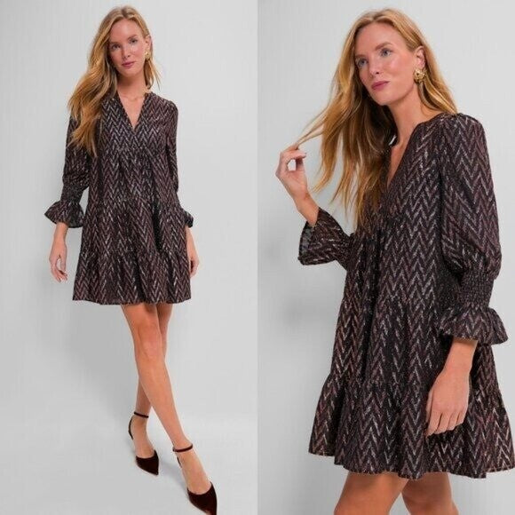 Pomander Place NEW Metallic Ikat Kenzo Long Sleeve Relaxed Fit Mini Dress Size L