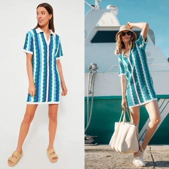 Hyacinth House NEW Aqua Wavy Sammie Blue White Coastal Knit Mini Dress Size XL