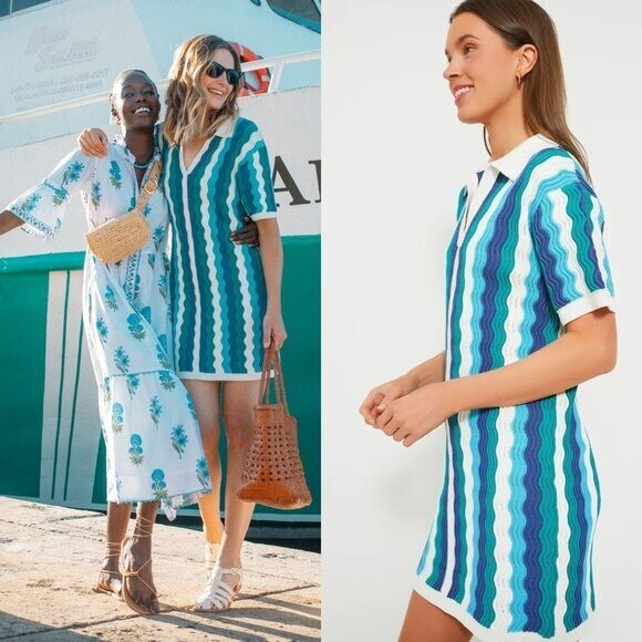 Hyacinth House NEW Aqua Wavy Sammie Blue White Coastal Knit Mini Dress Size XL