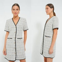Pomander Place NEW White Tweed Retro Josephine Mini Dress in White Black Size M