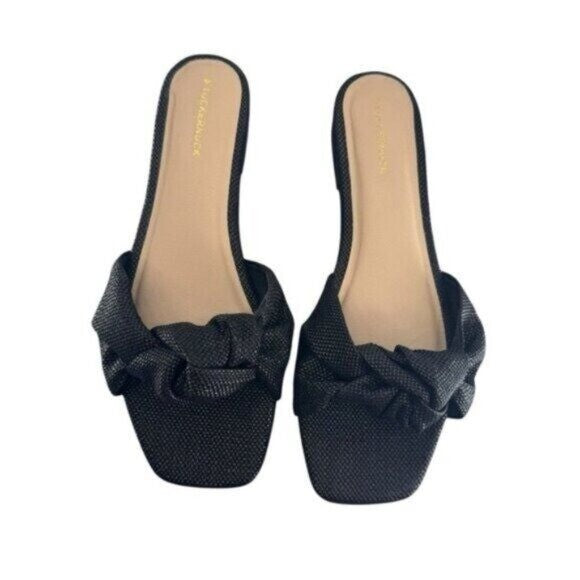 Tuckernuck NEW Black Raffia Britt Square Toe Knot Slip On Flat Sandal Size 6