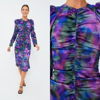 Ganni NEW Watercolor Simply Purple Silk Stretch Formal Satin Midi Dress Size L