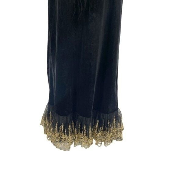 NEW Pomander Place Black Velvet Lillith Gold Embroidered Lace Maxi Dress Size XS