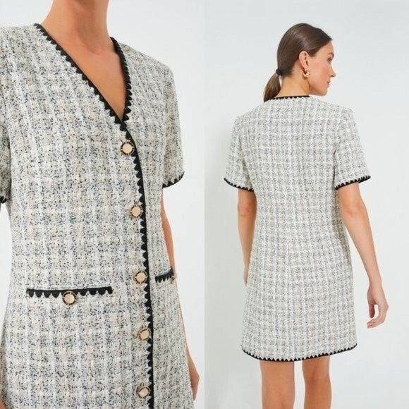 Pomander Place NEW White Tweed Retro Josephine Mini Dress in White Black Size S