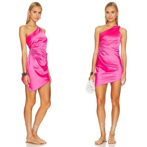 Baobab NEW Celia Satin One Shoulder Barbiecore Mini Dress in Frambuesa Size XS