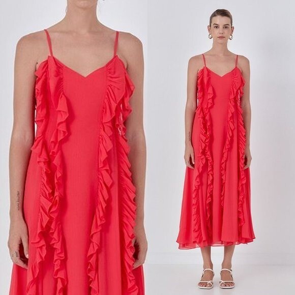 Endless Rose NEW Chiffon Ruffle Formal V Neck Midi Dress Womens Size Medium