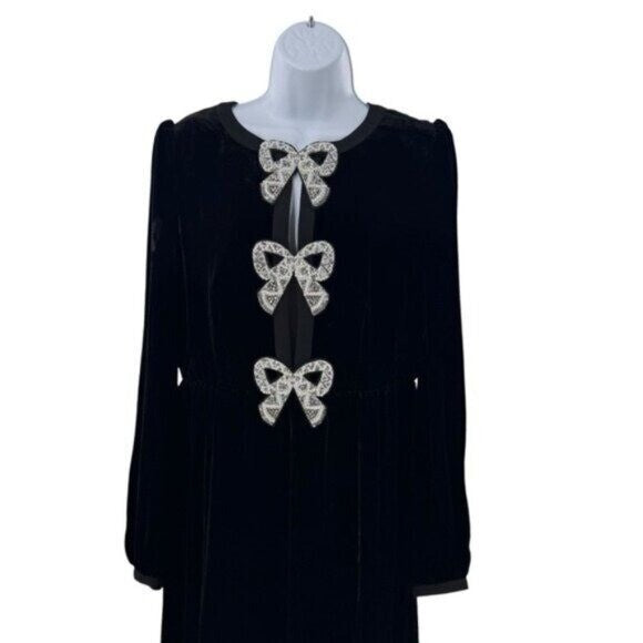 Saloni NEW Velvet Camille Bows Long Sleeve Formal Elegant Midi Dress Size 0