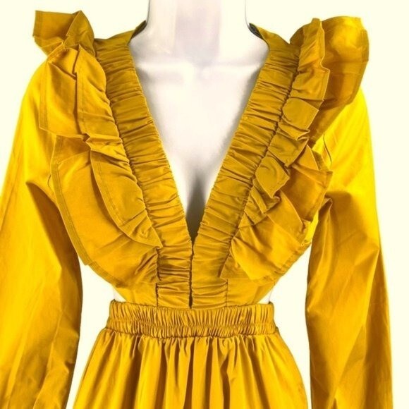 NEW Petal & Pup Mariga Long Sleeve Frill Shoulder Midi Dress in Marigold Size M
