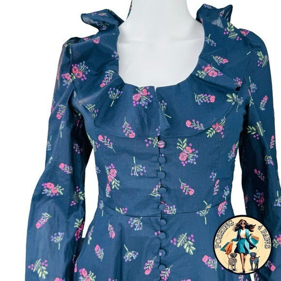 Hyacinth House NEW Navy Floral Ruffle Neck Norah Long Sleeve Mini Dress XS