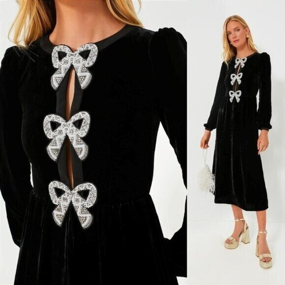 Saloni NEW Velvet Camille Bows Long Sleeve Formal Elegant Midi Dress Size 2