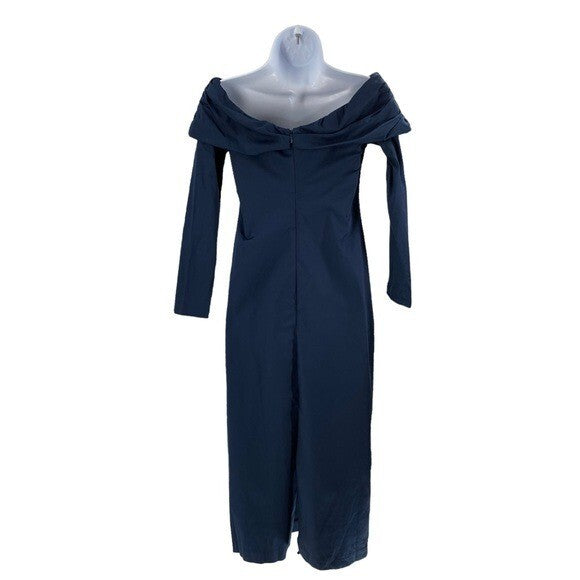 Kika Vargas NEW Off the Shoulder Long Sleeve Formal Midi Dress Navy Blue Size XS