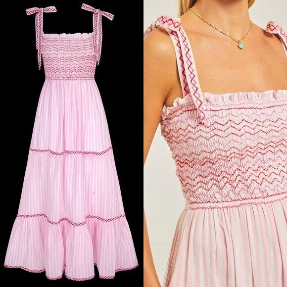Pink City Prints NEW Candyfloss Stripe Jessica Smocked Bow Tie Maxi Dress XL