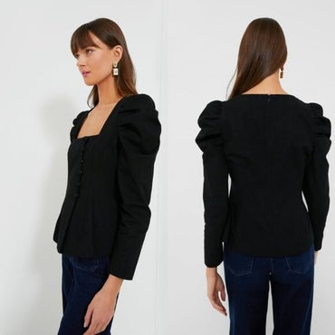 Tuckernuck NEW Black Calla Structured Puff Sleeve Button Blouse Size Small