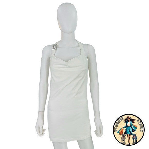 EB Denim Cowl Buckle Logo Bodycon Jersey Mini Dress in White Size M