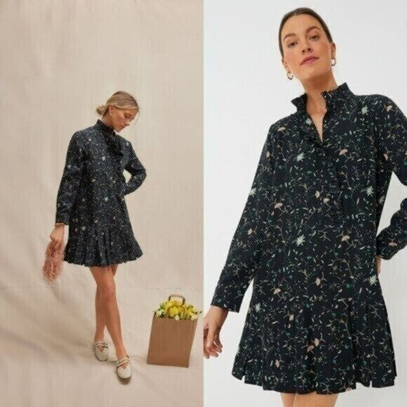 Tuckernuck NEW Campden Vine Tate Black Long Sleeve Pleated Mini Dress Size XXXL