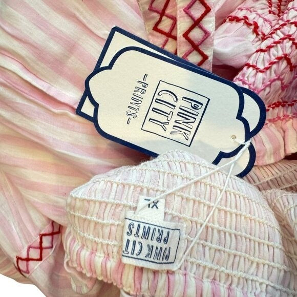 Pink City Prints NEW Candyfloss Stripe Jessica Smocked Bow Tie Maxi Dress XL