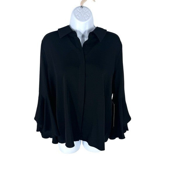 Tuckernuck NEW Black Norah Bell Sleeve Collared Button Down Blouse Top Size L
