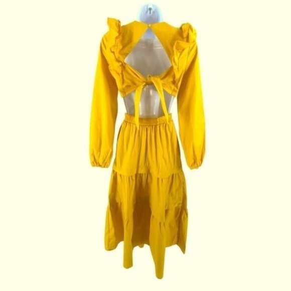 NEW Petal & Pup Mariga Long Sleeve Frill Shoulder Midi Dress in Marigold Size S