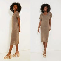 Tuckernuck Bronze Metallic Knit Mesh V Neck Short Sleeve Midi Dress Size L