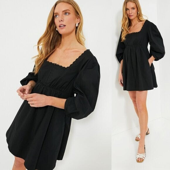 Pomander Place NEW Black Jenny Corset Puff Sleeve Cotton Mini Dress M