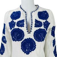 Antik Batik NEW Embroidered Tiki White and Blue Caftan Midi Dress Size XS