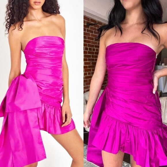 LoveShackFancy NEW Noble Bow Silk Formal Flirty Fuschia Mini Dress Size 12