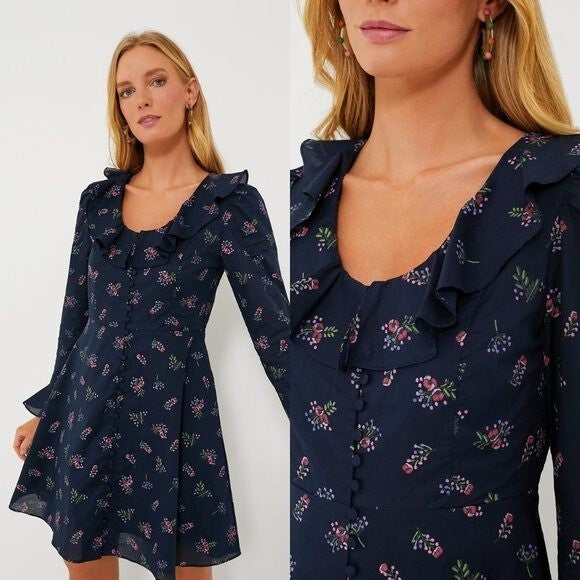 Hyacinth House NEW Navy Floral Ruffle Neck Norah Long Sleeve Mini Dress XS