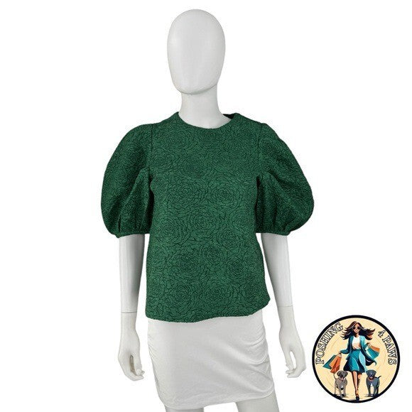 Hyacinth House NEW Green Jacquard Floral Puff Sleeve Noelle Blouse Size XS