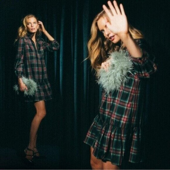 Tuckernuck Palmerston Tartan Plaid Drop Waist Long Sleeve Mini Dress Size S
