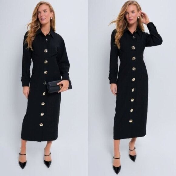 Tuckernuck NEW Black Petra Long Sleeve Gold Hammered Button Midi Dress Size L